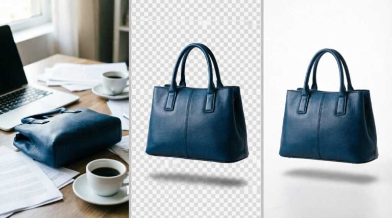 Blue leather handbag photo editing comparison: messy desk background vs transparent checkerboard vs pure white Amazon-ready product image