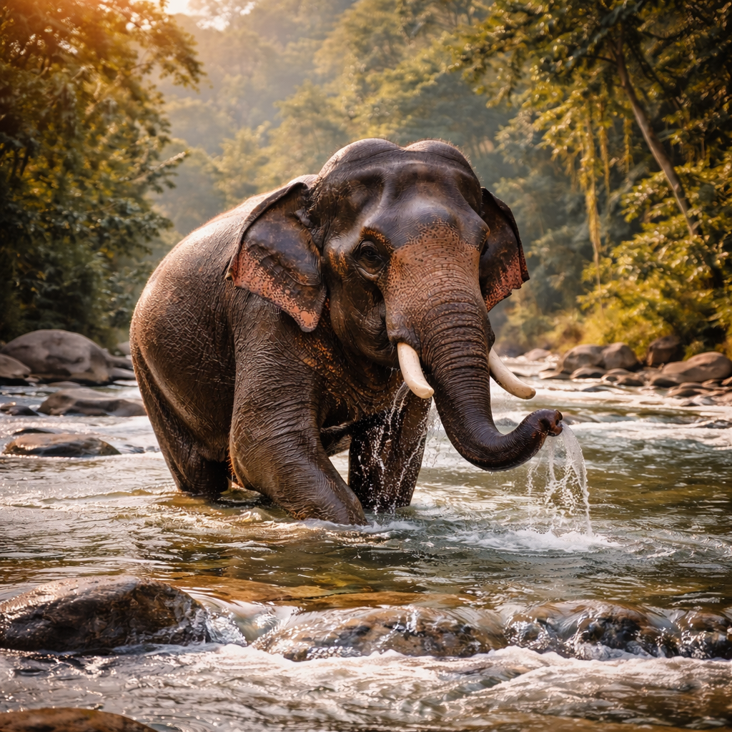 Adult Asian elephant wading through a shallow river in a lush tropical jungle during sunset.