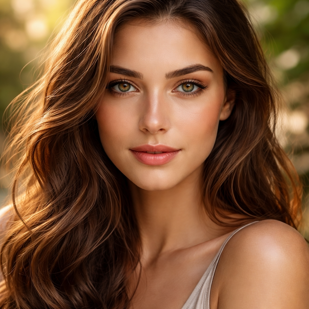 Professional studio headshot of a woman with sun-kissed skin and voluminous chestnut waves.