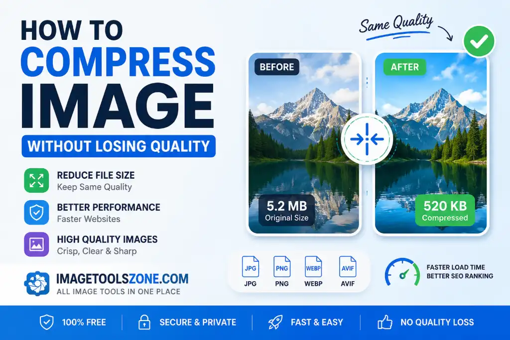 How to compress image without losing quality with before and after comparison showing file size reduction and same HD image quality