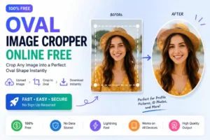 Oval image cropper online free tool showing before and after oval photo crop with fast HD quality output