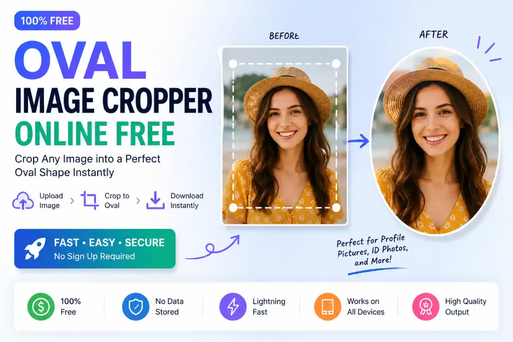 Oval image cropper online free tool showing before and after oval photo crop with fast HD quality output