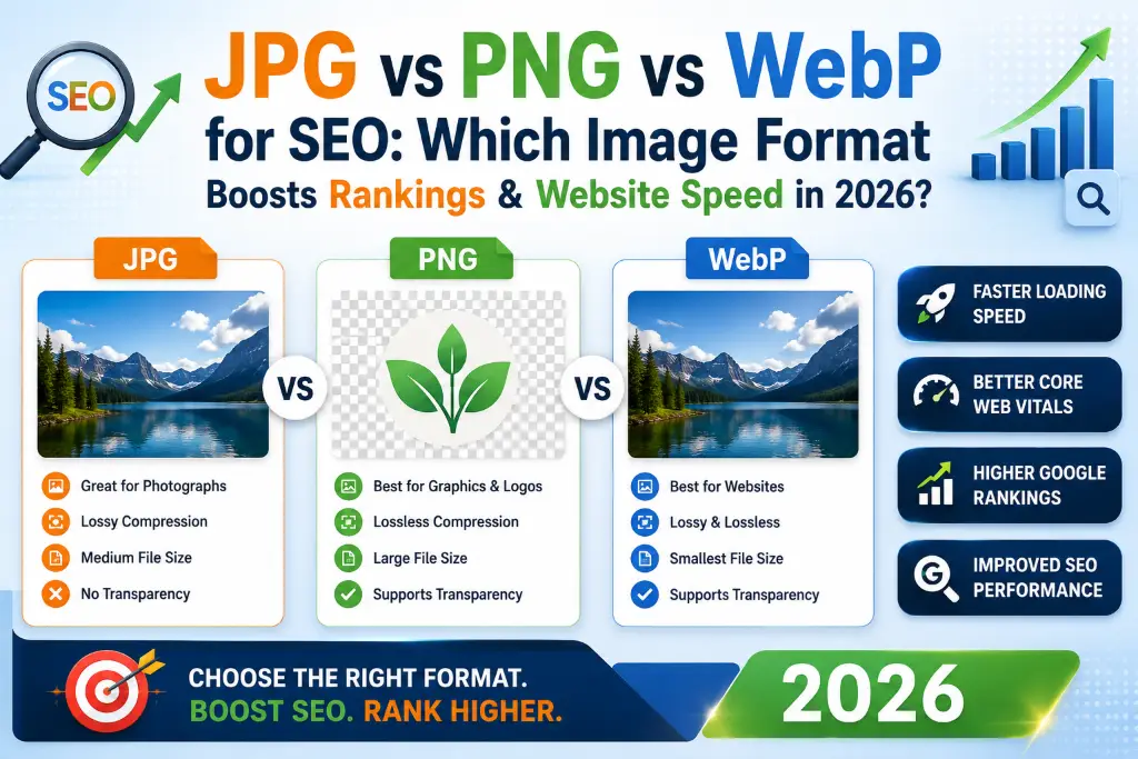 JPG vs PNG vs WebP for SEO featured infographic comparing image formats for faster website speed and better Google rankings
