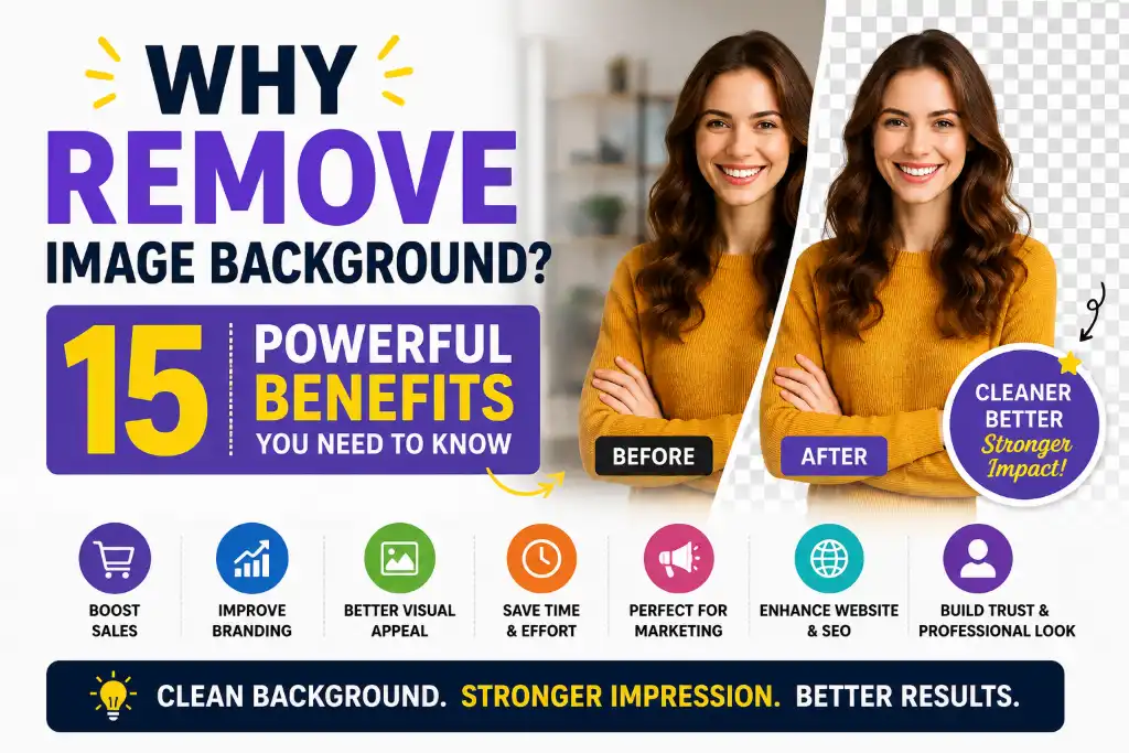 Why remove image background? 15 powerful benefits infographic - before after comparison, boost sales, professional branding, better marketing results