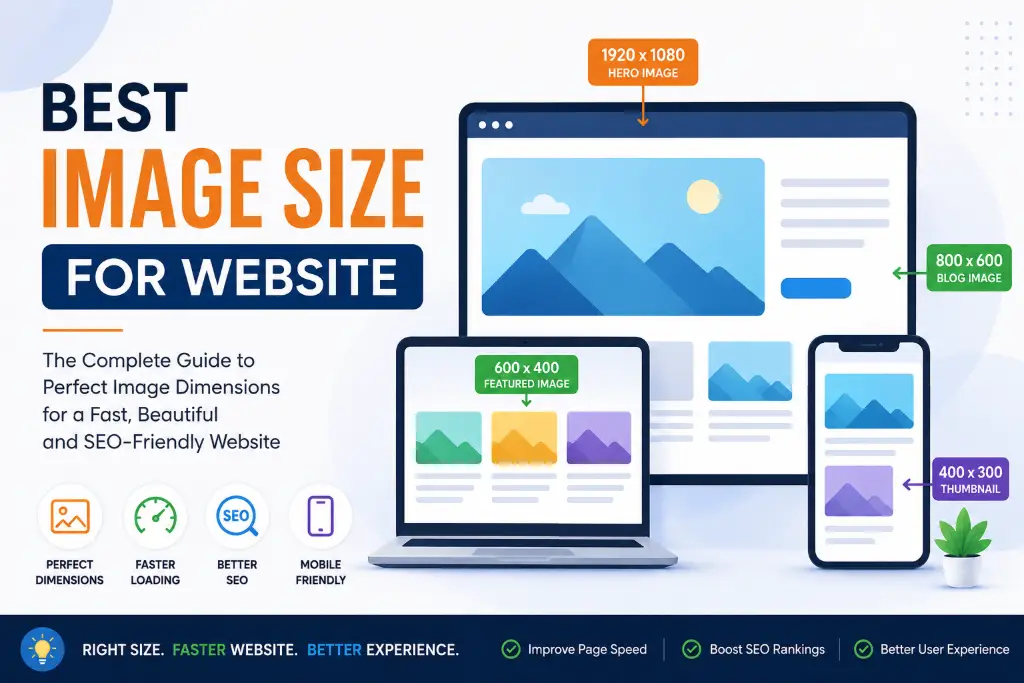 Best image size for website infographic showing ideal dimensions for hero, blog, featured, and thumbnail images.