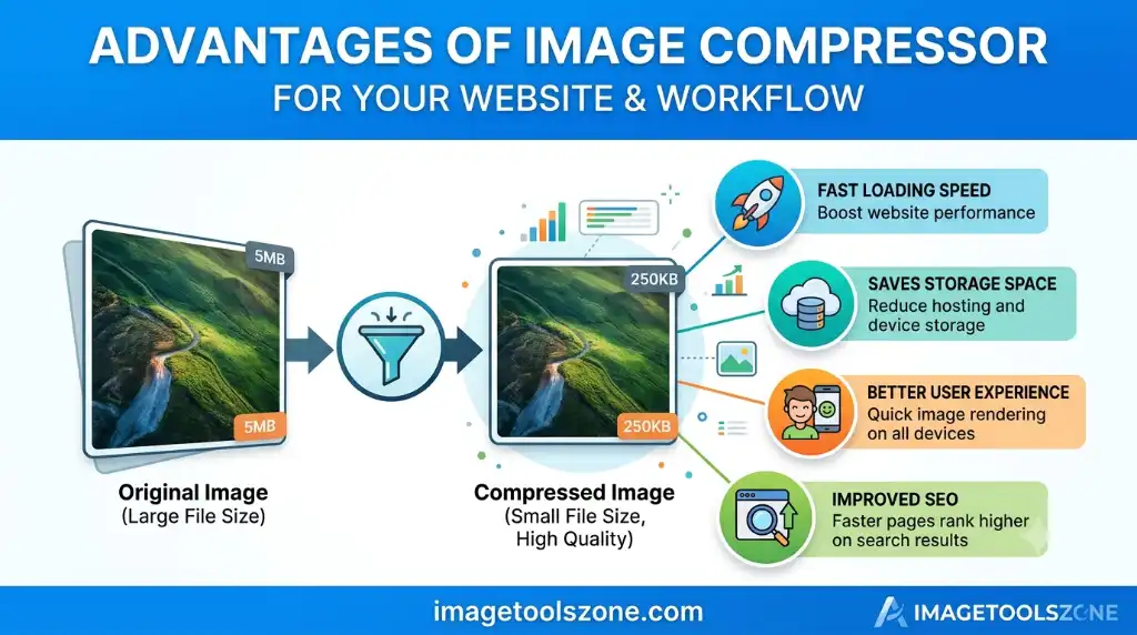 Advantages of image compressor: 2MB to 400KB file size reduction, faster website speed, improved SEO rankings for bloggers