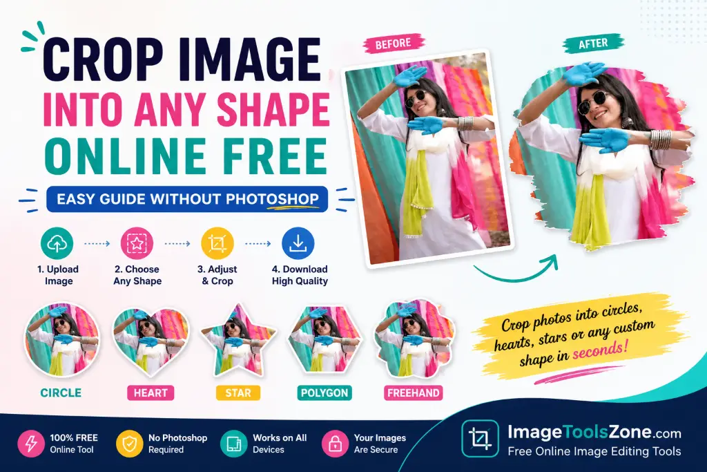 Crop Image Into Any Shape Online Free tutorial showing upload, shape selection, crop adjustment, and download process
