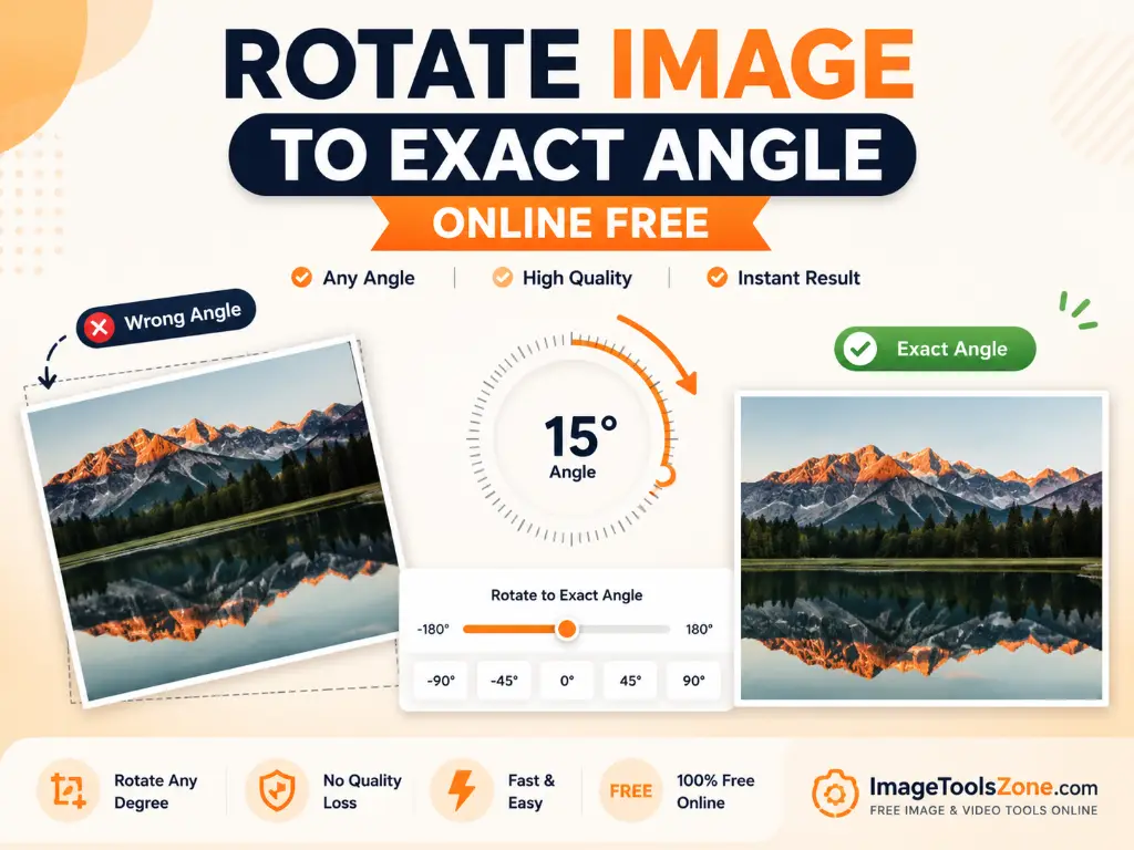 Infographic guide on how to rotate image to exact angle online free, showing a 15-degree adjustment straightening a landscape photo.