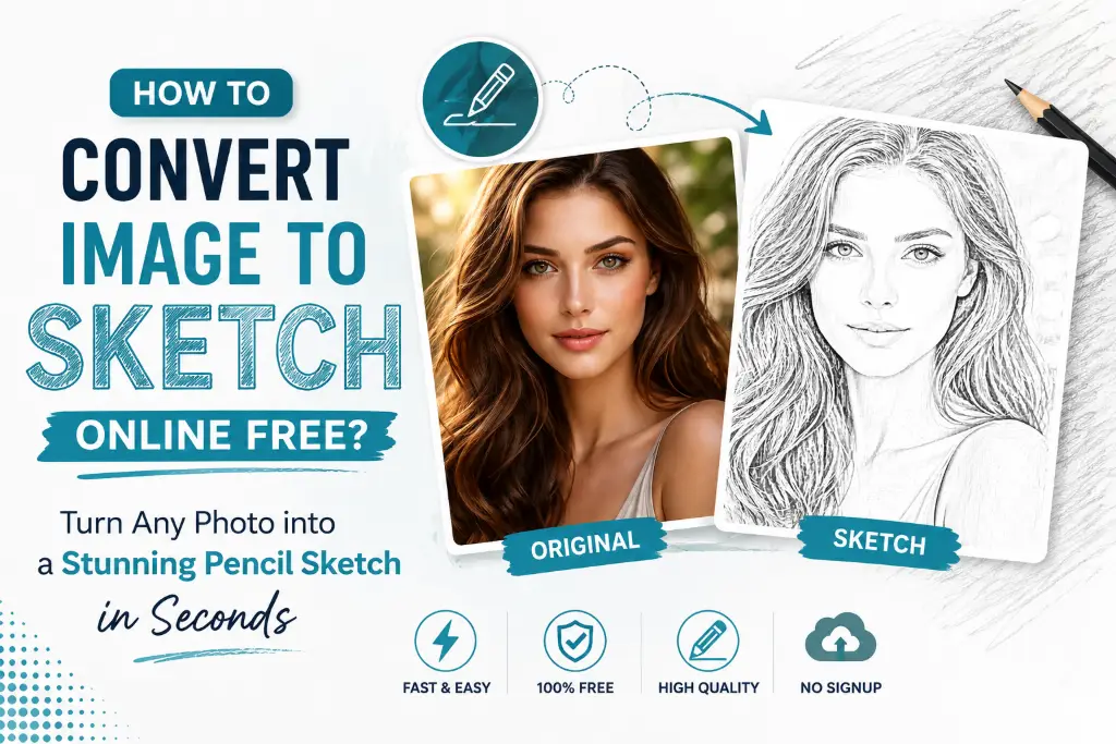 Convert Image to Sketch Online Free before and after comparison with original photo and realistic pencil sketch