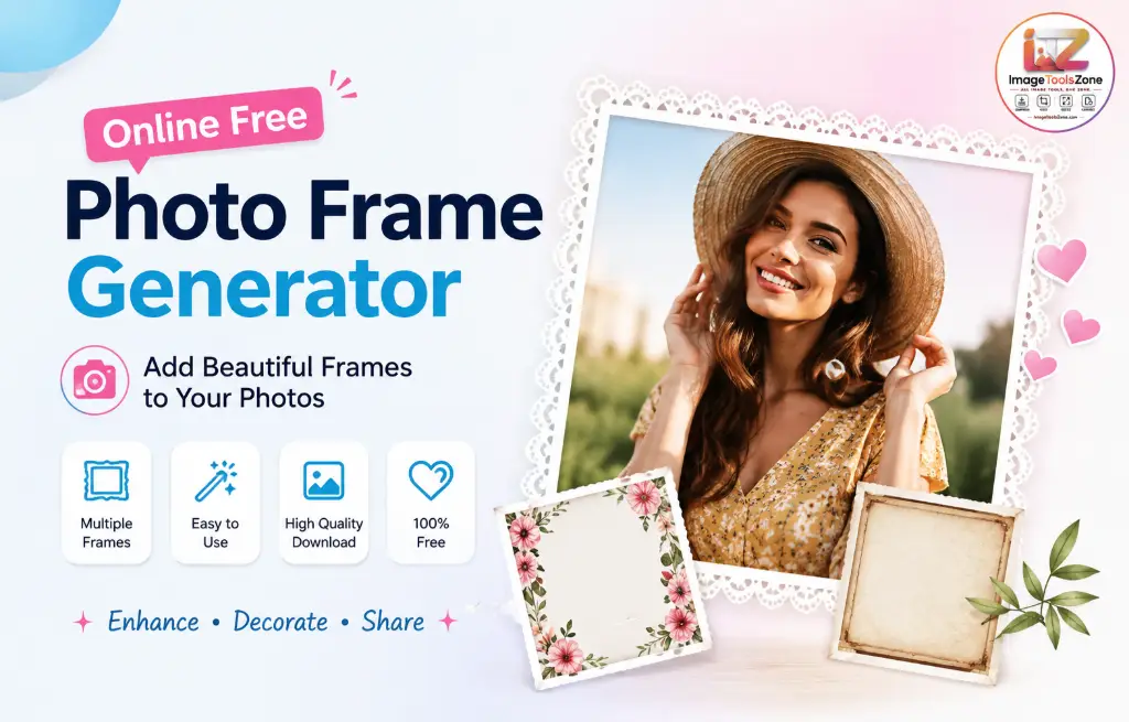 Hero banner promoting photo frame generator online free tool features including high quality downloads.