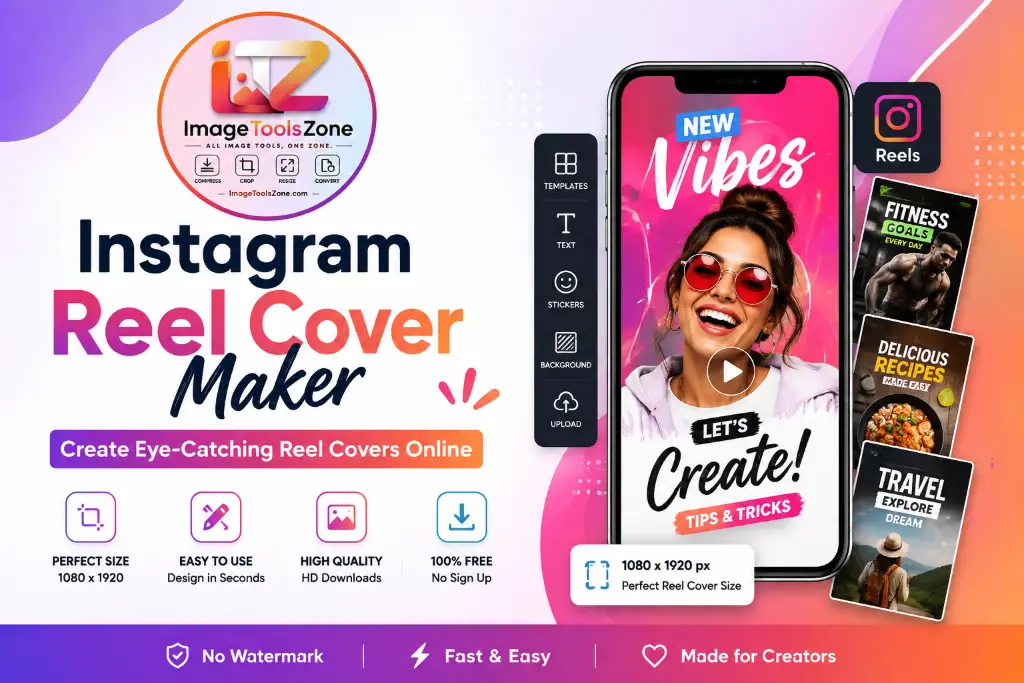 Instagram Reel Cover Maker tool interface showing phone mockup with colorful Reel cover examples, templates, text and stickers editing features, 1080x1920 px perfect size