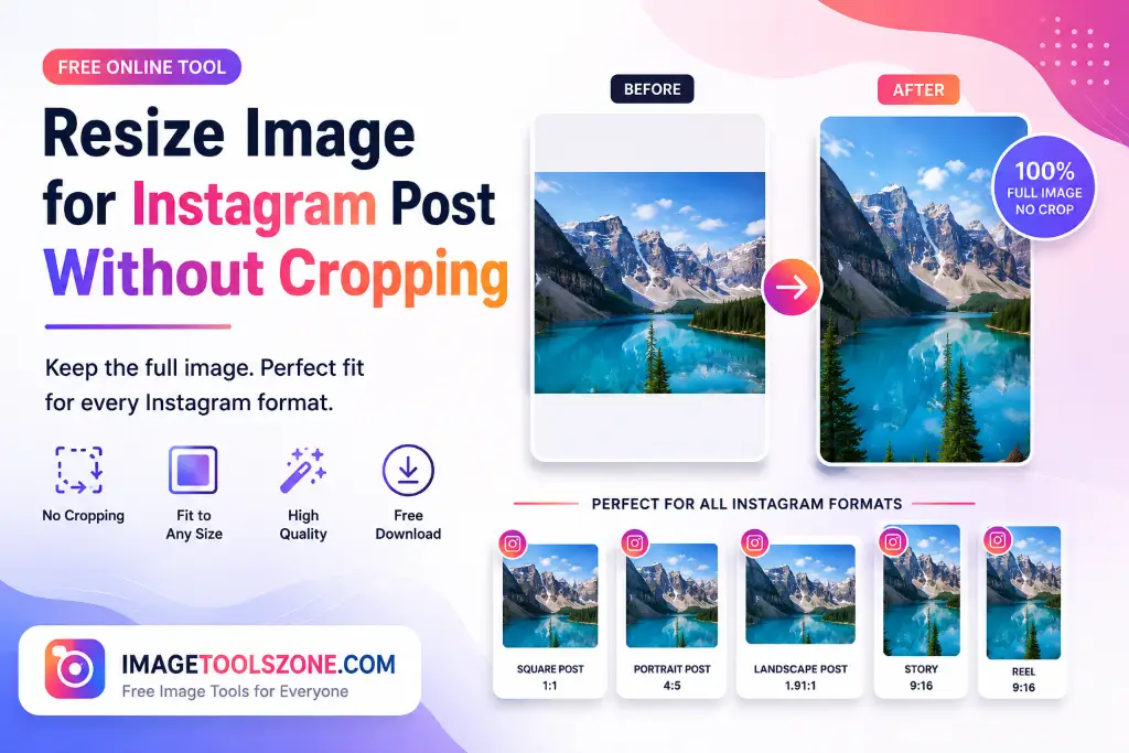 Resize image for Instagram post without cropping before after comparison showing full mountain lake photo fits all formats perfectly