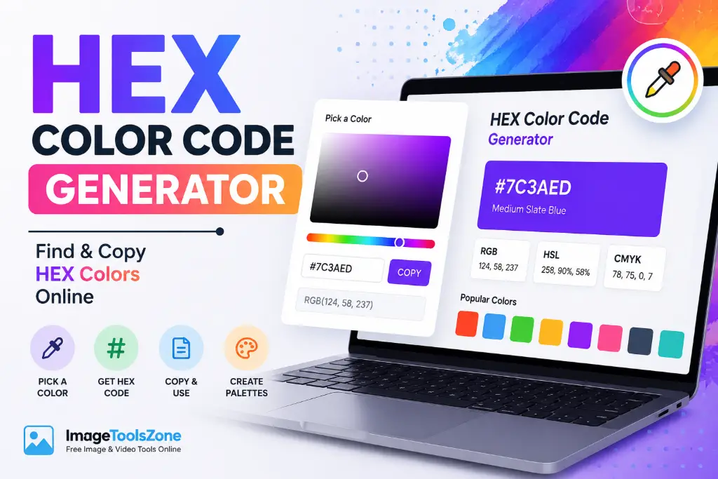 HEX color code generator tool showing color picker, #7C3AED code, RGB HSL CMYK values and popular color swatches